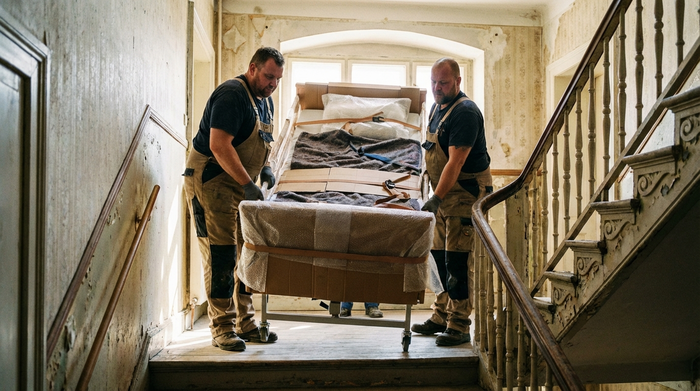 Zwei kräftige Handwerker in Arbeitskleidung tragen vorsichtig ein verpacktes Pflegebett-Gestell durch ein enges, gut beleuchtetes Treppenhaus in einem Altbau.