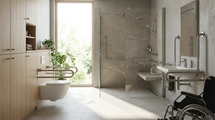 Ein modernes, barrierefreies Badezimmer mit einer bodengleichen Dusche, rutschfesten Fliesen und eleganten Haltegriffen aus Edelstahl. Helles Tageslicht fällt durch ein großes Fenster.