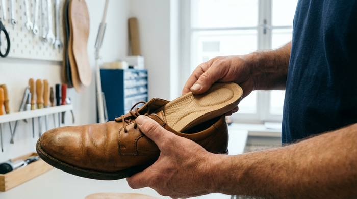 Nahaufnahme der Hände eines Orthopädieschuhmachers, der eine weiche, maßgefertigte Einlage behutsam in einen bequemen, ledernen Halbschuh einpasst. Die Werkstatt im Hintergrund ist aufgeräumt und gut beleuchtet.