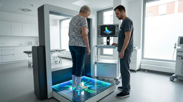 Eine ältere Person steht barfuß auf einer modernen, leuchtenden Glasplatte eines 3D-Scanners in einem sauberen Behandlungsraum. Ein Techniker steht daneben und beobachtet den Vorgang konzentriert.