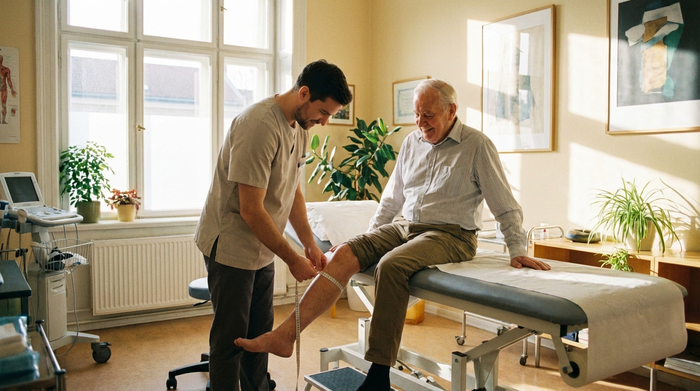 Ein heller Behandlungsraum am Vormittag. Ein medizinischer Fachangestellter misst behutsam mit einem weichen Maßband den Unterschenkel eines älteren Herrn, der entspannt auf einer Liege sitzt.