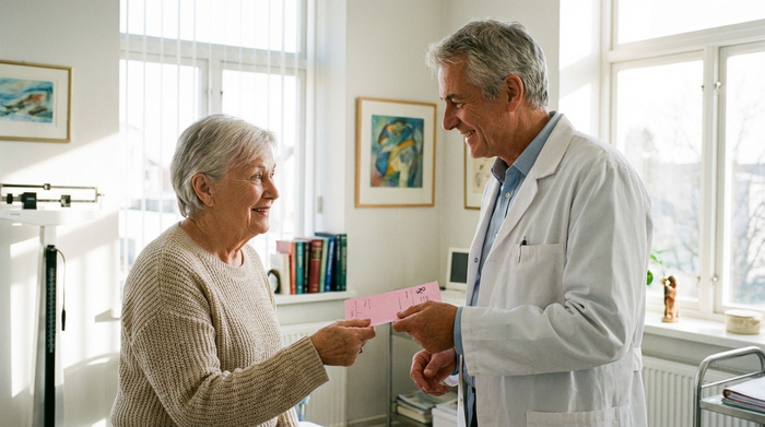 Ein erfahrener Arzt in einem hellen Behandlungszimmer überreicht einer lächelnden Seniorin ein rosafarbenes Rezept. Professionelle und vertrauensvolle Stimmung, weiches Tageslicht.