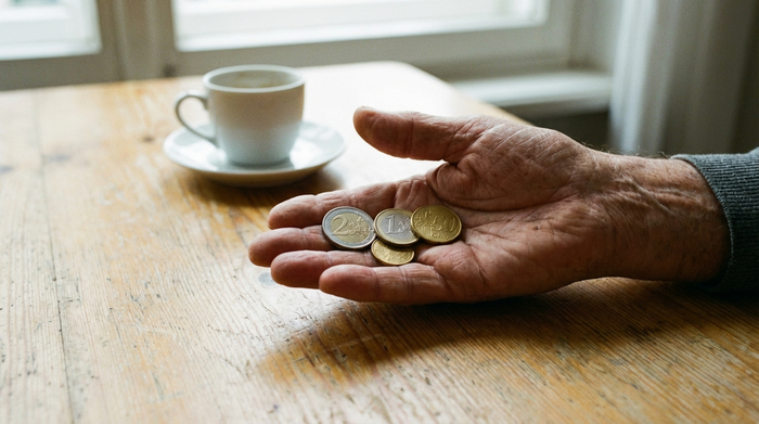 Eine detaillierte Nahaufnahme: Eine ältere Hand hält ein paar Euromünzen über einem hellen Holztisch. Im Hintergrund ist unscharf eine weiße Kaffeetasse zu erkennen. Gemütliche, alltägliche Szene.