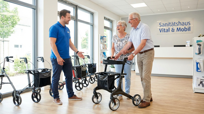 Ein freundlicher Mitarbeiter eines Sanitätshauses zeigt einem älteren Ehepaar verschiedene Rollatoren in einem modernen, hellen Verkaufsraum. Die Senioren wirken interessiert und zufrieden.