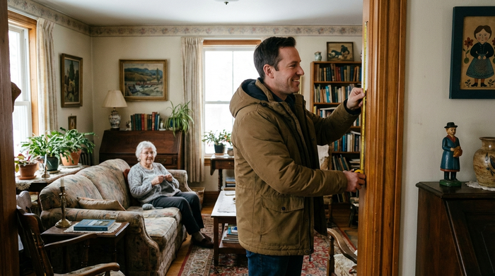 Ein sympathischer Fachberater misst mit einem Maßband den Türrahmen in einem gemütlich eingerichteten, älteren Wohnzimmer aus, während eine Seniorin im Hintergrund entspannt auf dem Sofa sitzt.