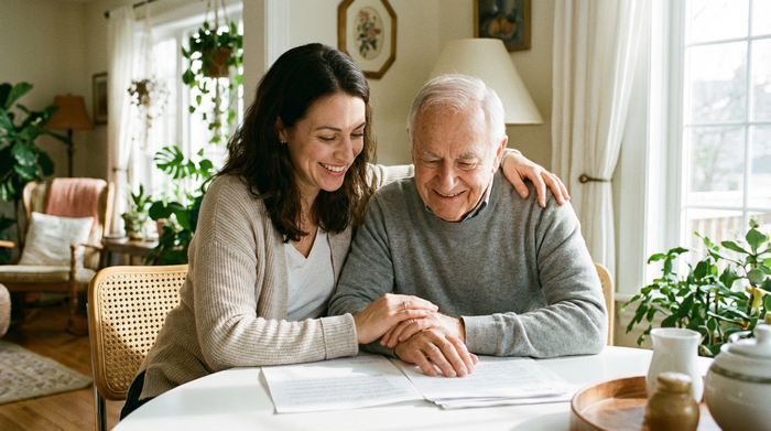 Eine erwachsene Tochter sitzt gemeinsam mit ihrem älteren Vater am Esstisch. Sie schauen gemeinsam lächelnd auf einige Dokumente. Harmonische und unterstützende Familienatmosphäre in einem hellen Raum.
