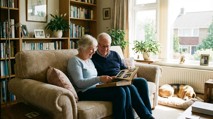 Ein älteres Ehepaar sitzt entspannt auf einem Sofa und schaut sich gemeinsam ein Fotoalbum an, während helles Tageslicht in den Raum fällt. Gepflegtes, häusliches Umfeld.