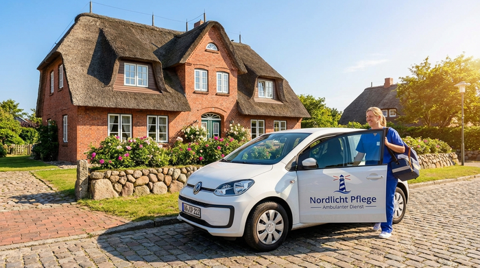 Ein weißes Auto eines Pflegedienstes parkt vor einem gepflegten norddeutschen Klinkerhaus an einem sonnigen Tag. Eine Pflegekraft steigt gerade mit einer Tasche aus.