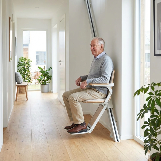 Ein moderner, unauffälliger Treppenlift in einem hellen, aufgeräumten Flur eines Einfamilienhauses. Ein älterer Herr nutzt den Lift sicher und entspannt.
