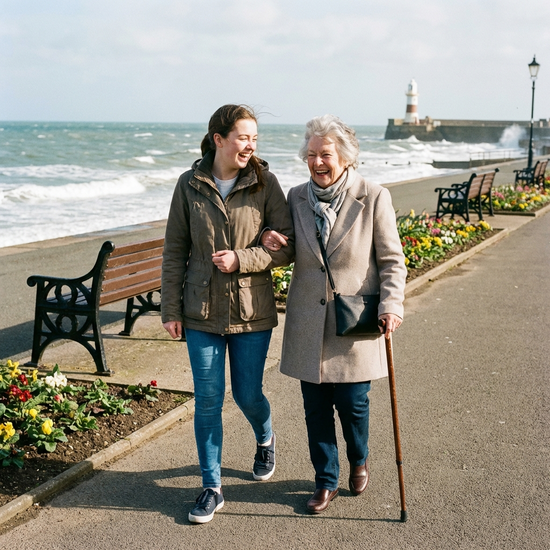 Eine junge Alltagsbegleiterin spaziert gemeinsam mit einer älteren Dame an einer gepflegten Promenade. Beide lachen und genießen die frische Luft.