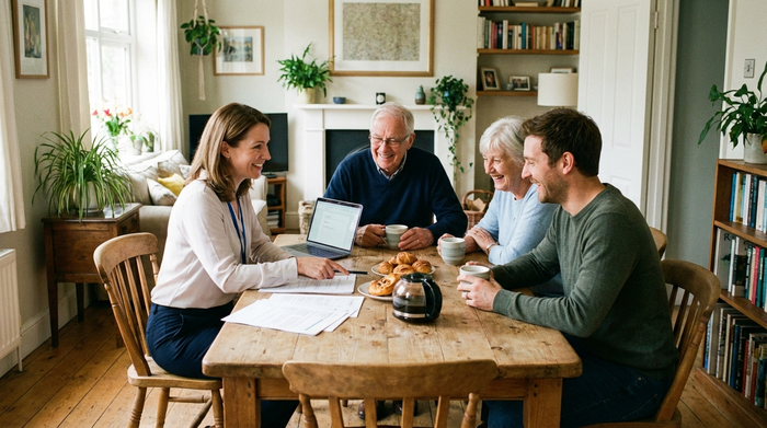 Eine professionelle Pflegeberaterin sitzt mit einer Familie an einem Esstisch. Sie besprechen entspannt Dokumente bei einer Tasse Kaffee.