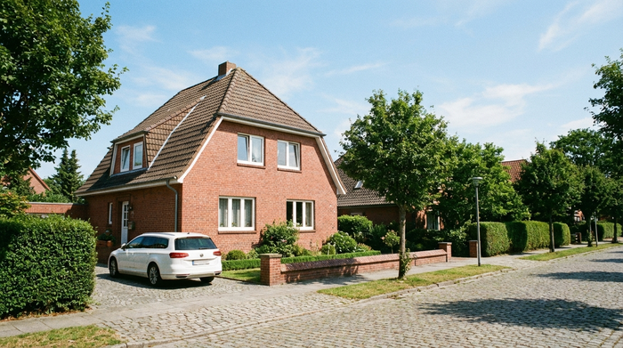 Ein gepflegtes, typisch norddeutsches Backsteinhaus in Wilhelmshaven an einem sonnigen Tag, ein weißes Auto parkt in der Auffahrt. Klare Umgebung, realistisch, saubere Straßenführung, keine Schriftzüge.