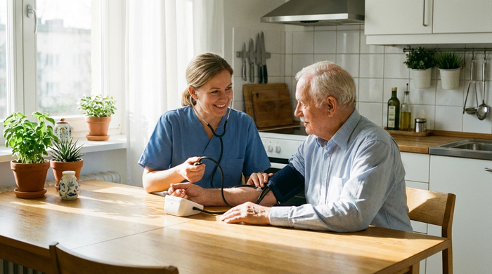 Eine erfahrene Pflegekraft misst den Blutdruck eines älteren Herrn am Küchentisch. Ruhige, vertrauensvolle Szene, helles Tageslicht, realistische medizinische Routine, sauberes Umfeld.