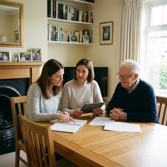 Zwei erwachsene Töchter sitzen mit ihrem alten Vater am Esstisch und besprechen Notizen. Konzentrierte, unterstützende Familienatmosphäre, aufgeräumtes Wohnzimmer.