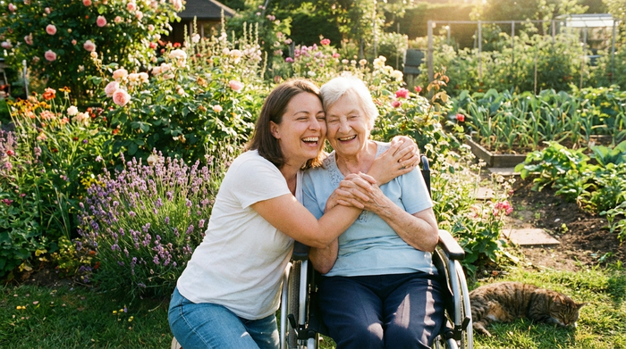 Eine erwachsene Tochter umarmt ihre pflegebedürftige Mutter liebevoll im blühenden Garten. Emotionale Verbundenheit, sonniger Nachmittag, entspannte und glückliche Gesichter, harmonische Stimmung.