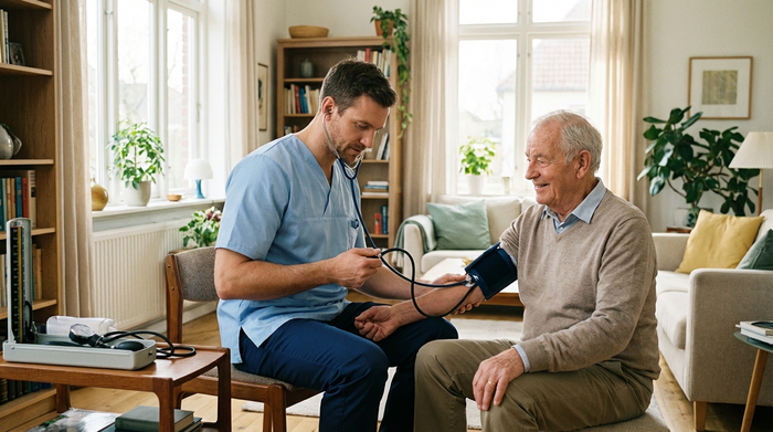 Ein professioneller Pfleger in hellblauer Dienstkleidung misst bei einem älteren Herrn im Wohnzimmer den Blutdruck. Helles, aufgeräumtes Zimmer, medizinische Kompetenz, realistische Szene ohne Text.