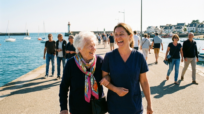 Eine ältere Frau und ihre Betreuerin spazieren fröhlich an einer Küstenpromenade. Beide lachen, sonniges Wetter, maritime Umgebung im Hintergrund, entspannte Gesellschaft, keine Schrift im Bild.