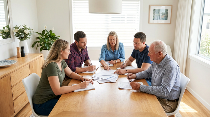 Eine Familie sitzt gemeinsam mit einem älteren Angehörigen an einem Holztisch und schaut sich aufmerksam Dokumente an. Ernsthafte, aber zuversichtliche Stimmung, helle Beleuchtung, aufgeräumtes Esszimmer.