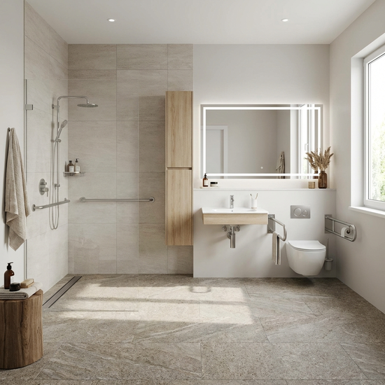 Ein modernes, helles und barrierefreies Badezimmer mit einer bodengleichen Dusche und dezenten Haltegriffen. Sauber, sicher, stilvoll eingerichtet, rutschfester Boden, keine Menschen im Bild.