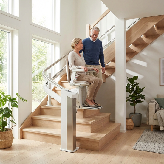 Ein eleganter, moderner Treppenlift an einer hellen Holztreppe in einem gepflegten Einfamilienhaus. Helle Umgebung, sichere Mobilität, realistische Wohnumgebung.