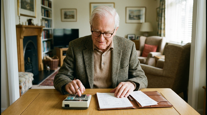 Ein eleganter älterer Herr sitzt an einem hellen Holztisch und ordnet mit einem Taschenrechner und Notizblock seine Finanzen. Im Hintergrund ein unscharfes, gemütliches Wohnzimmer. Konzentrierte, aber entspannte Stimmung.