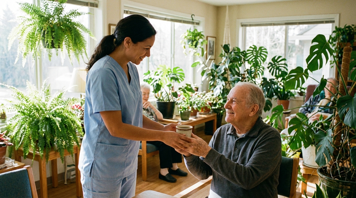 Eine einfühlsame Pflegekraft in heller Berufskleidung reicht einem lächelnden Senior eine Tasse Kaffee. Beide befinden sich in einem sonnendurchfluteten Aufenthaltsraum mit vielen grünen Pflanzen. Vertrauensvolles Miteinander.