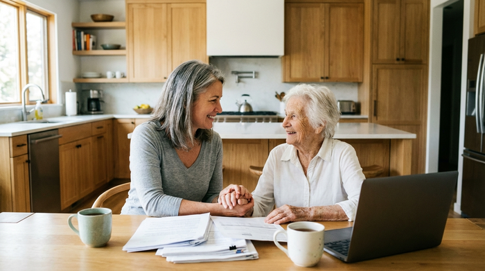 Zwei Generationen am Tisch: Eine erwachsene Tochter hält liebevoll die Hand ihrer älteren Mutter. Auf dem Tisch liegen einige Dokumente. Ein harmonisches, unterstützendes Gespräch in einer modernen Küche.