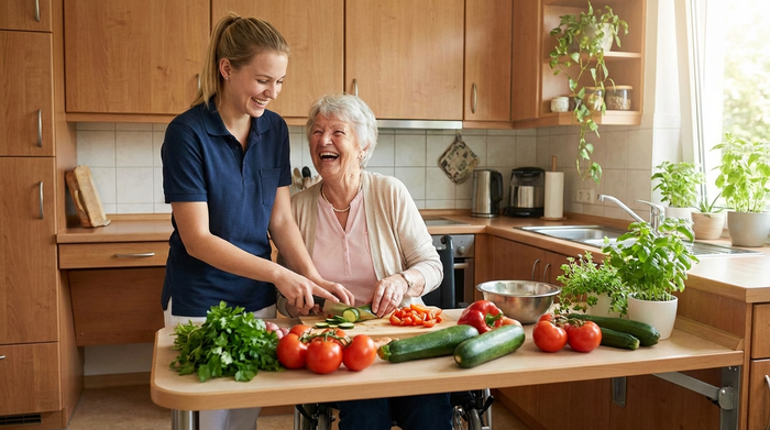 Eine freundliche, junge Betreuungskraft hilft einer älteren Dame beim Kochen in einer gemütlichen, barrierefreien Küche. Beide lachen fröhlich. Frisches Gemüse liegt auf der Arbeitsplatte.