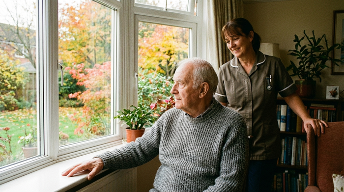 Ein älterer Herr mit grauem Pullover blickt nachdenklich aus einem großen Fenster in einen herbstlichen Garten, während eine freundliche Pflegekraft im Hintergrund sanft lächelt.