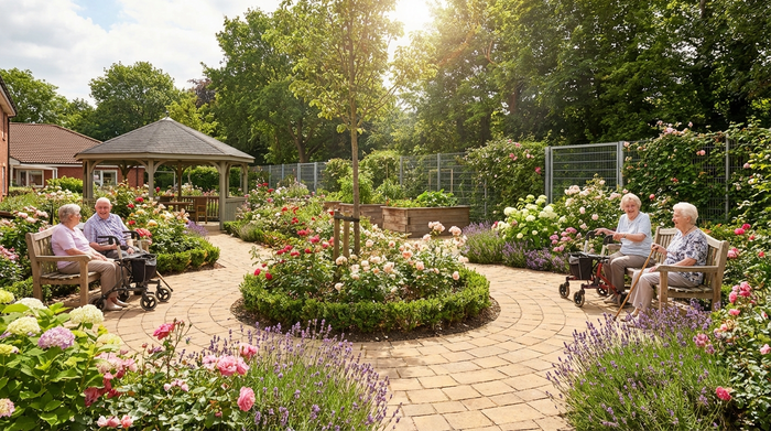 Ein sicherer, idyllischer Gartenbereich für Senioren mit gepflasterten Rundwegen, gemütlichen Holzbänken und blühenden Blumenbeeten an einem sonnigen Nachmittag.