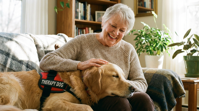 Eine fröhliche Seniorin streichelt sanft einen ruhigen, goldenen Therapiehund, der seinen Kopf liebevoll auf ihren Schoß gelegt hat.