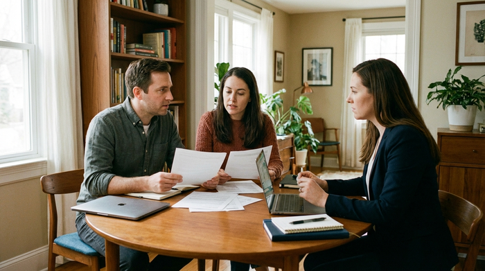 Zwei erwachsene Geschwister sitzen an einem runden Holztisch, betrachten konzentriert Dokumente und besprechen ruhig die Finanzierungsmöglichkeiten mit einer professionellen Beraterin.