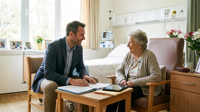 Ein freundlicher, professioneller Sozialarbeiter im Gespräch mit einer älteren Dame in einem hellen Krankenhauszimmer, Dokumente liegen auf einem kleinen Tisch, vertrauensvolle Stimmung, realistische Szene, kein Text.