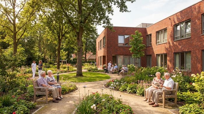 Ein modernes, freundliches Pflegeheim mit roter Klinkerfassade, umgeben von einem gepflegten grünen Garten mit alten Bäumen, sonniger Tag, Senioren sitzen entspannt auf Bänken, realistisch, ohne Text.