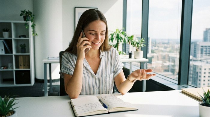 Eine junge Frau telefoniert konzentriert mit einem Lächeln an einem aufgeräumten Schreibtisch, ein Notizbuch liegt vor ihr, helles Bürofenster im Hintergrund, organisierte und proaktive Atmosphäre, realistisch, ohne Text.