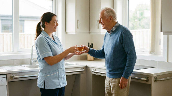 Eine freundliche Pflegekraft reicht einem lächelnden Senior eine Tasse Tee in einer hellen, barrierefreien Küche, herzliche und vertraute Interaktion, saubere und sichere Umgebung, realistisch, ohne Text.