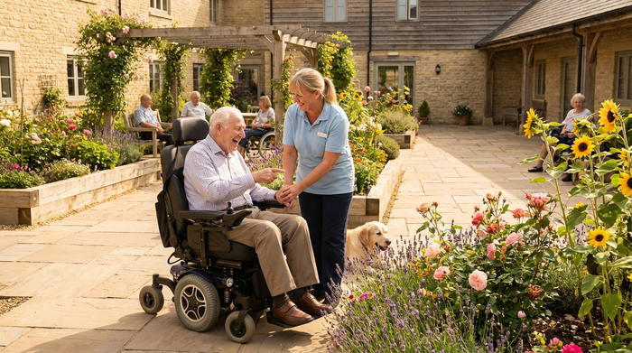 Ein detaillierter Blick auf einen lächelnden Rollstuhlfahrer und eine Pflegekraft in einem sonnigen, barrierefreien Innenhof mit bunten Blumenbeeten, harmonische und sichere Umgebung, realistisch, ohne Text.