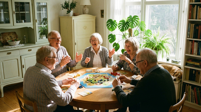 Eine fröhliche Gruppe von Senioren sitzt an einem runden Holztisch in einem sonnendurchfluteten Raum und spielt gemeinsam ein Brettspiel. Die Gesichter zeigen Freude und Lebendigkeit, im Hintergrund sind helle Möbel und Zimmerpflanzen zu sehen.
