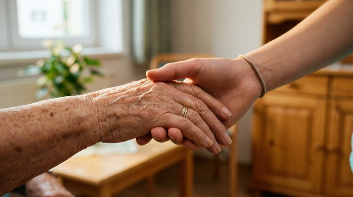 Eine Detailaufnahme von zwei Händen, die sanft übereinanderliegen – die faltige Hand einer älteren Dame und die junge, pflegende Hand einer Betreuungskraft. Im unscharfen Hintergrund erkennt man ein sauberes, freundliches Pflegezimmer mit warmem Licht.