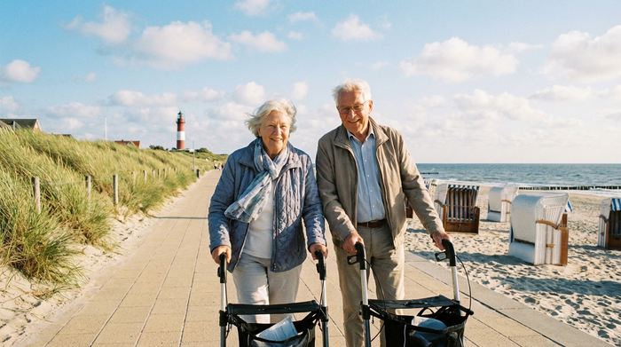 Ein entspannter Spaziergang zweier Senioren an einer gepflegten Strandpromenade an der Nordsee unter blauem Himmel. Sie stützen sich leicht auf ihre Rollatoren, während eine sanfte Meeresbrise weht. Die Szene strahlt Ruhe und maritime Lebensqualität aus.