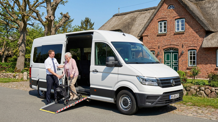 Ein moderner, weißer Kleinbus mit ausgefahrener Rampe steht vor einem gepflegten norddeutschen Backsteinhaus. Ein freundlicher Fahrer in ordentlicher Kleidung hilft einer lächelnden Seniorin geduldig beim Einsteigen. Sonniges Wetter und klare Umgebung.