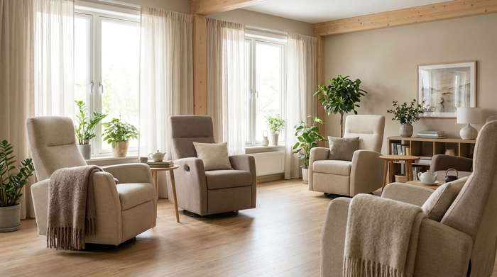 Ein helles, einladendes Ruhezimmer in einer Pflegeeinrichtung. Bequeme, moderne Liegesessel mit weichen Decken stehen bereit. Große Fenster lassen mildes Tageslicht herein, sanfte Erdtöne und kleine Pflanzen schaffen eine beruhigende Atmosphäre.