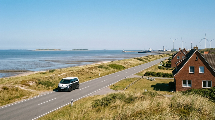 Eine malerische Küstenstraße in Wilhelmshaven mit Blick auf das ruhige Meer an einem sonnigen Tag. Ein moderner Kleinbus fährt sicher auf der Straße. Realistische Fotografie, klare Farben, kein Text.
