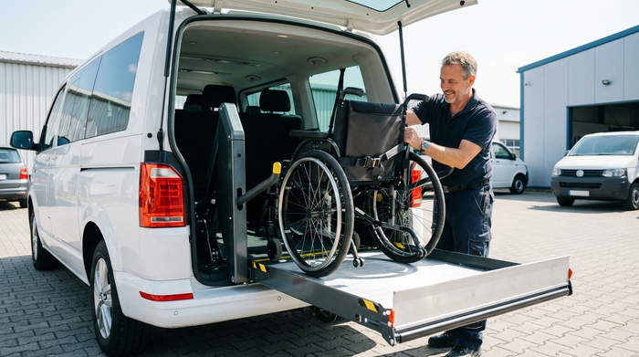 Ein detaillierter Blick auf eine moderne, hydraulische Hebebühne am Heck eines weißen Kleinbusses. Ein freundlicher Fahrer sichert sorgfältig einen leeren, modernen Rollstuhl im hellen Innenraum. Helles Tageslicht, professionelle Umgebung, kein Text.