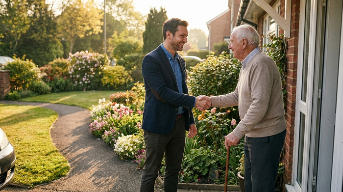 Eine herzliche Begrüßung an einer Haustür. Ein freundlicher Fahrer in gepflegter Kleidung reicht einem älteren Herrn mit Gehstock lächelnd die Hand. Im Hintergrund ein gepflegter Vorgarten. Warme Morgenstimmung, realistisch, kein Text.