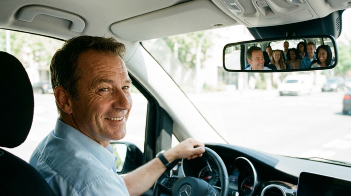 Ein sympathischer, lächelnder Fahrer am Steuer eines modernen Kleinbusses. Er schaut freundlich in den Rückspiegel. Helles Interieur, sichere und vertrauensvolle Atmosphäre, realistische Fotografie ohne Text.