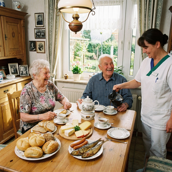Ein gemütlicher Frühstückstisch mit frischen Brötchen, Aufschnitt und traditionellem Ostfriesentee. Zwei Senioren sitzen entspannt zusammen und lachen, während eine Pflegekraft Kaffee einschenkt.