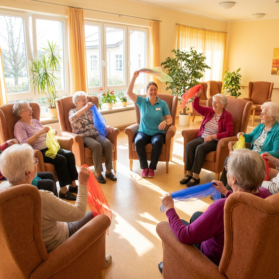 Eine Gruppe von Senioren sitzt im Kreis in bequemen Sesseln und macht leichte Gymnastikübungen mit bunten Tüchern. Eine motivierende Therapeutin macht die Bewegungen vor. Helle, freundliche Umgebung.