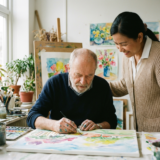 Ein älterer Herr malt hochkonzentriert mit Wasserfarben auf einer Leinwand, während eine Betreuerin ihm wohlwollend über die Schulter schaut. Kreative und ruhige Stimmung.