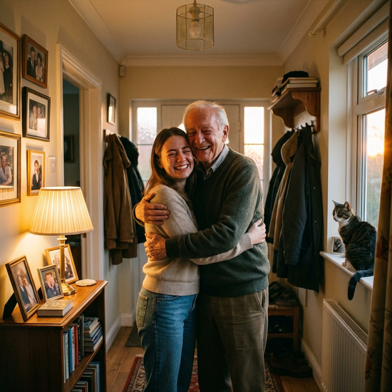 Eine glückliche Tochter umarmt ihren älteren Vater herzlich im Flur ihres Hauses. Beide strahlen Zufriedenheit und Erleichterung aus. Warme Beleuchtung, familiäre Szene.